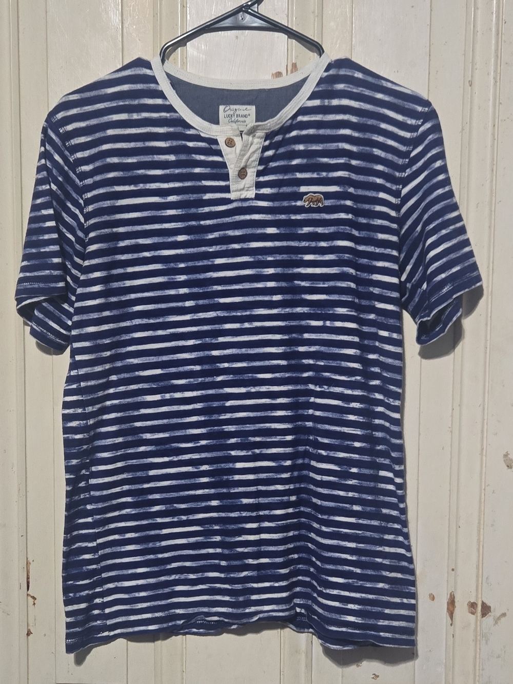 Lucky Brand Kids XL Henley Shirt Blue White Striped Short Sleeve Bear Logo Tee